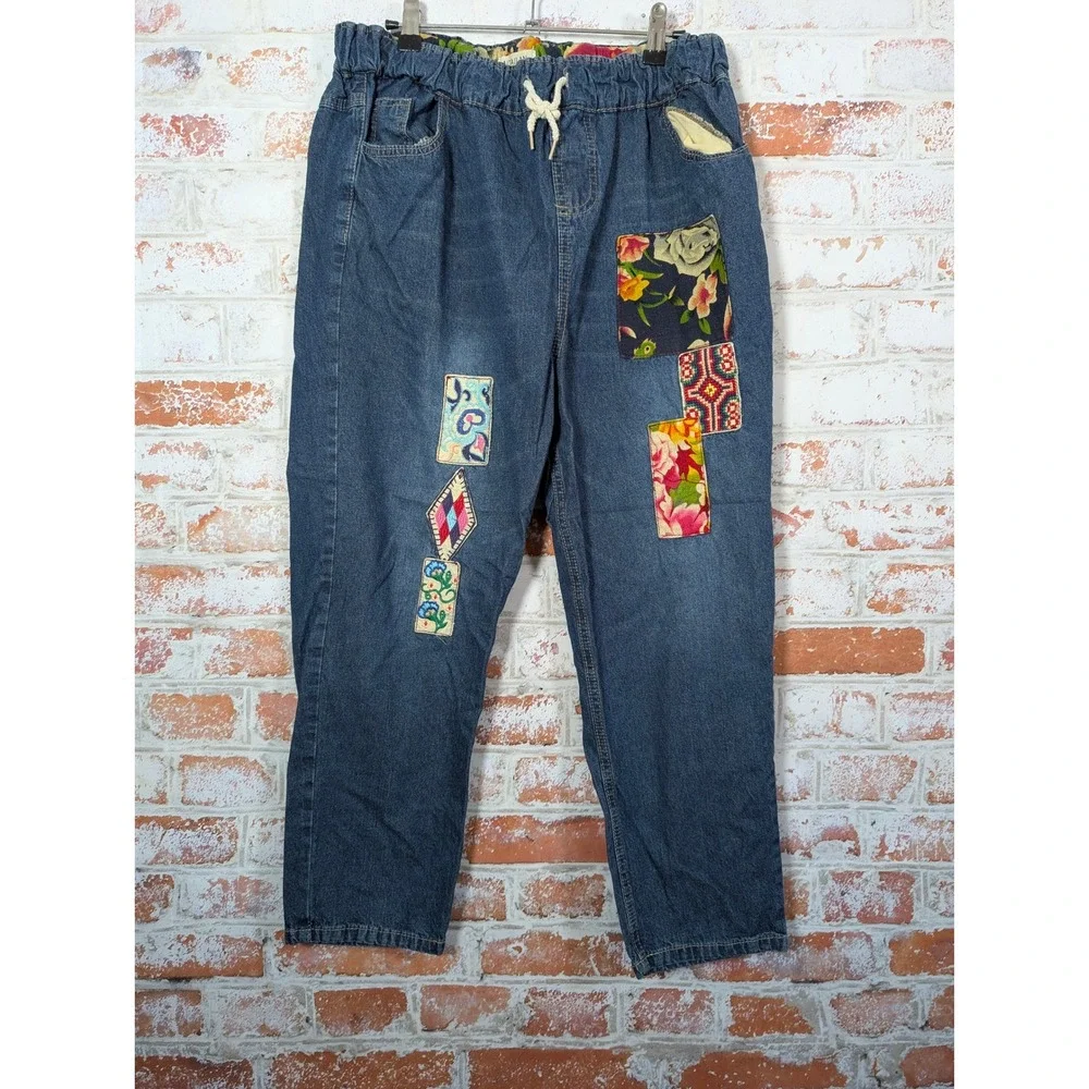 Aitailan Patchwork Jeans Women XXL Blue Boho Floral Denim Pants